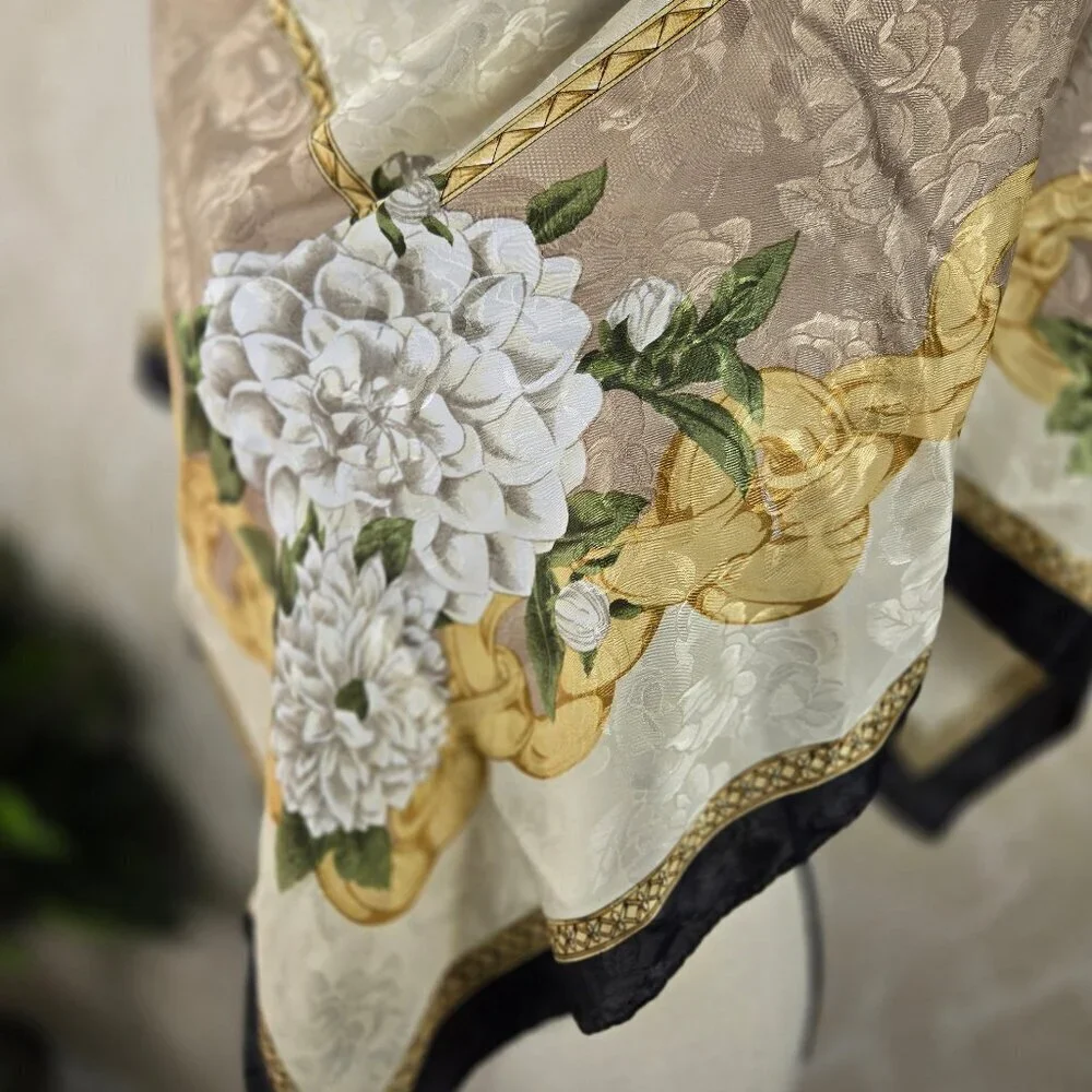 Square Floral Scarf in Cream Tan Green White with Black Border Neutral
